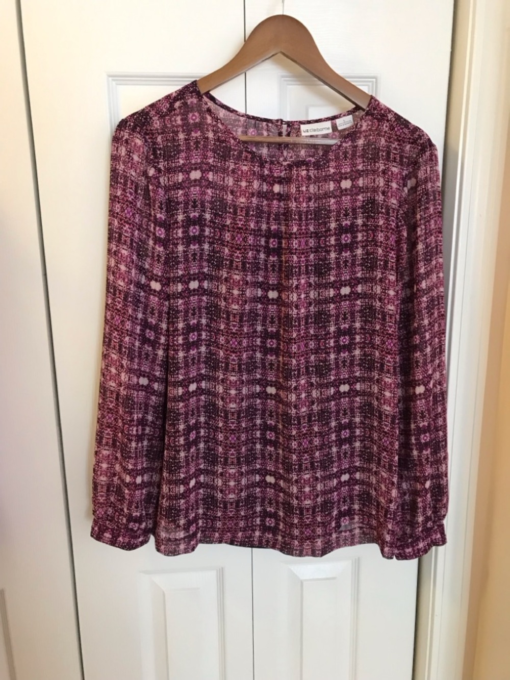 Liz Claiborne Plum and Pink Printed Long-Sleeve Blouse
